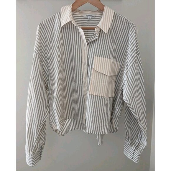 Madewell Flap-Pocket Crop Button-Up Shirt Poplin Size Large Gray Stripe Cotton - Picture 1 of 9